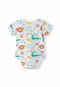 Ljusblå kortärmad babybody med färgglada djurmönster, inklusive lejon, krokodiler och tropiska inslag. Mjuk bomullsmaterial.