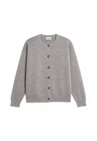 Grauer Cardigan aus weichem Strickstoff, mit rundem Halsausschnitt, langen Ärmeln und sechs dunklen Knöpfen vorne.