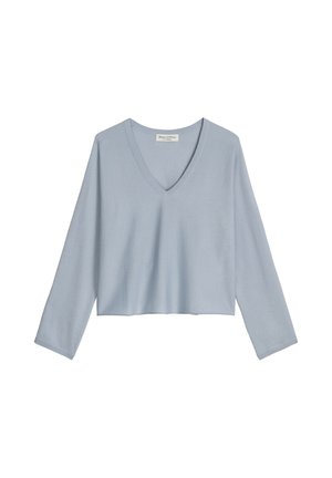 Light blue long-sleeve V-neck cropped sweater with a loose fit and ribbed trim on neckline and cuffs.