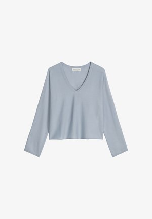 Jasnoniebieski, długi rękaw, krótki sweter z dekoltem w serek, o luźnym kroju, z prążkowanym wykończeniem na dekolcie i mankietach.