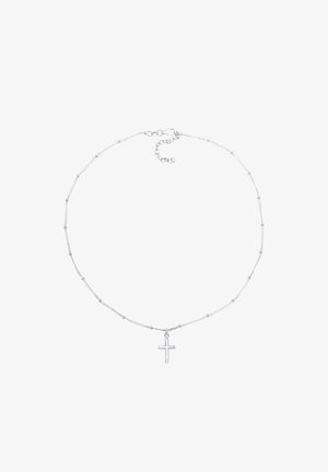 Collier délicat en chaîne d'argent avec de petites perles et un petit pendentif croix simple suspendu au centre.
