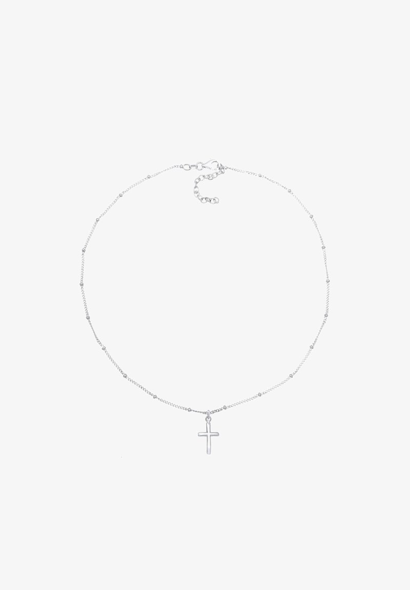 Collier délicat en chaîne d'argent avec de petites perles et un petit pendentif croix simple suspendu au centre.