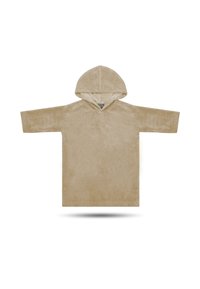 Beige hooded sweatshirt made from soft, plush material. Features a V-neckline and wide short sleeves, with a loose, relaxed fit.