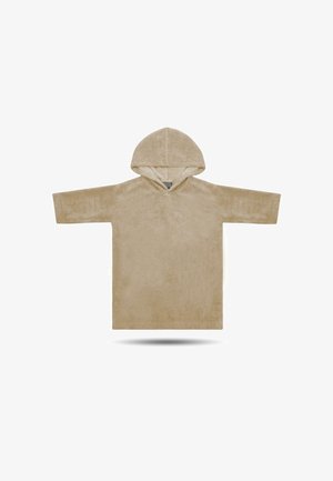 Beige hooded sweatshirt made from soft, plush material. Features a V-neckline and wide short sleeves, with a loose, relaxed fit.