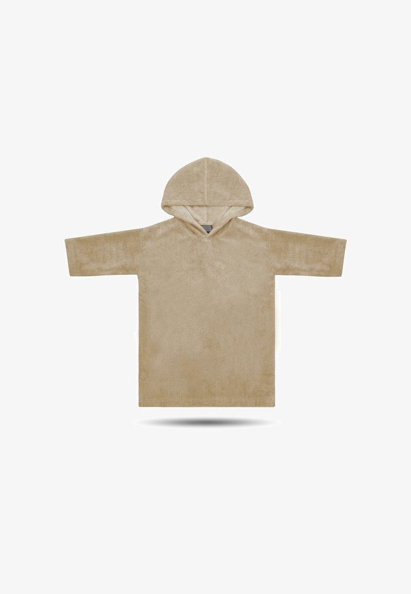 Beige Kapuzenpullover aus weichem, plüschigem Material. Verfügt über einen V-Ausschnitt und breite, kurze Ärmel, mit einer lockeren, lässigen Passform.