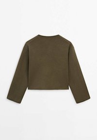 Olive green cropped sweatshirt, featuring long sleeves, a round neckline, and soft, textured fabric. Seam detailing on shoulders.