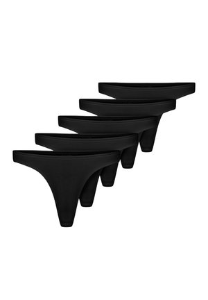 Conjunto de ropa interior negra tipo hilo dental, que incluye cinco pares idénticos con una textura suave y un diseño minimalista. Sin patrones ni acentos visibles.