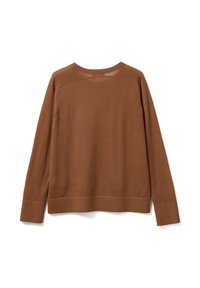 Brauner Strickpullover mit langen Ärmeln, einem runden Ausschnitt und geradem Saum. Weiche Textur mit gerippten Bündchen und unterem Saum.