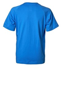 Niebieski bawełniany t-shirt z krótkimi rękawami, okrągłym dekoltem i gładką fakturą. Charakteryzuje się prostym wzorem bez dodatkowych wzorów czy akcentów.