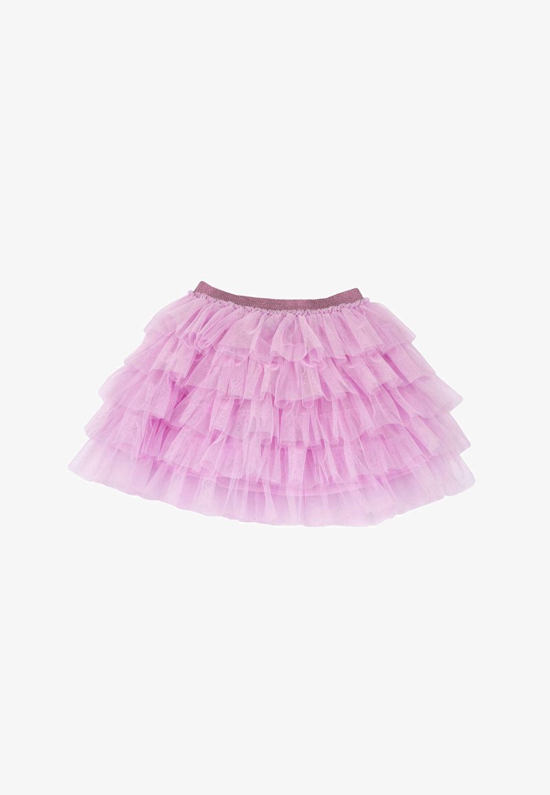 Jupe en tulle rose avec plusieurs couches froncées et une taille douce et élastiquée ornée d'un accent scintillant.