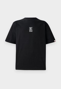 Black cotton t-shirt with a round neckline, short sleeves, and a small white logo on the chest. Soft texture with a relaxed fit.