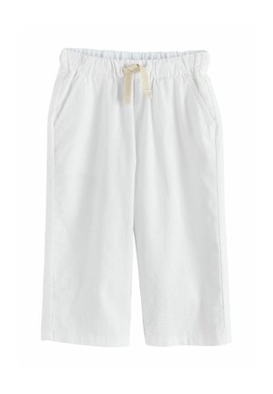 White cotton shorts with an elastic waistband, featuring a drawstring, side pockets, and a relaxed fit. Smooth texture and simple design.