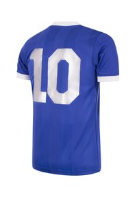 Camiseta de fútbol azul con ribetes blancos, que presenta un gran número "10" en la parte posterior. Está hecha de un tejido ligero con una textura suave.