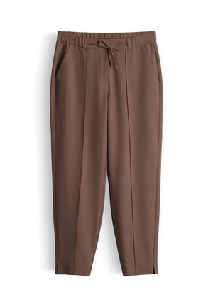 Bruine taps toelopende broek met elastische tailleband, strikkoord, zijzakken, voor plooien en kleine splitten bij de enkelmanchetten.