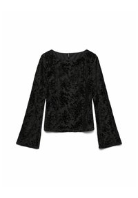 Melna garām piedurknēm tops ar ziedu samta rakstu, ar apaļu kakla izgriezumu un platu piedurknēm. Gluda tekstūra un brīvs piegriezums.