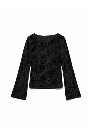 Maglietta nera a maniche lunghe con un motivo floreale in velluto, dotata di collo tondo e maniche a campana. Texture liscia e vestibilità casual.