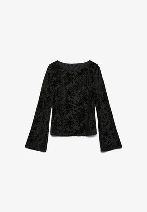 Melna garām piedurknēm tops ar ziedu samta rakstu, ar apaļu kakla izgriezumu un platu piedurknēm. Gluda tekstūra un brīvs piegriezums.