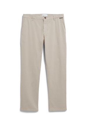 Beige katoenen broek met een rechte pasvorm, voorzien van een knoopsluiting, riemlussen en zijzakken. Soepele stof en geen patronen.