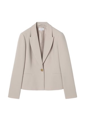 Béžové šité sako s výstřihem do U, zapínáním na jediný zlatý knoflík, dlouhými rukávy a dvěma předními klínovými kapsami, viditelná velikostní štítek 36.