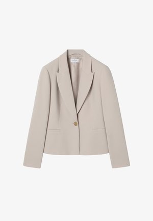 Bézs, testre szabott blézer bevágott hajtókával, egy arany gombos záródással, hosszú ujjal és két elől fekvő zsebbel, 36-os méretjelzéssel.