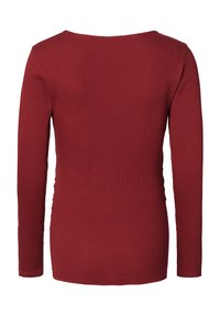 Effen langslib shirt met lange mouwen in donkerrood, plat weergegeven met de achterkant naar voren op een witte achtergrond.