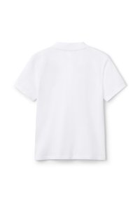 Kurzärmliges weißes Poloshirt mit klassischem Kragen. Hergestellt aus glattem Baumwollstoff, mit einem schlichten Rückendesign ohne Logos oder Verzierungen.