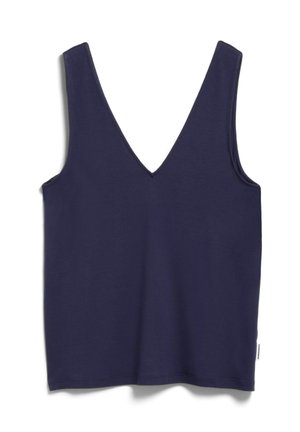 Marineblaues ärmelloses Tanktop mit tiefem V-Ausschnitt und geradem Saum, aus glattem Stoff, auf weißem Hintergrund dargestellt.