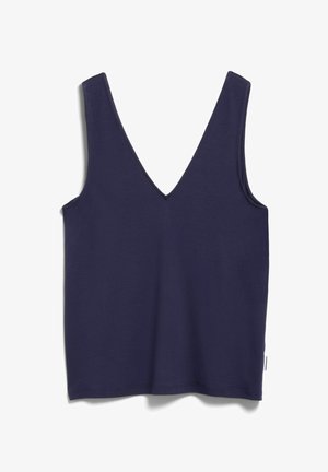 Marineblaues ärmelloses Tanktop mit tiefem V-Ausschnitt und geradem Saum, aus glattem Stoff, auf weißem Hintergrund dargestellt.