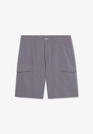 Gray elastic waist shorts with large side flap pockets, straight cut, and visible stitching on a white background.