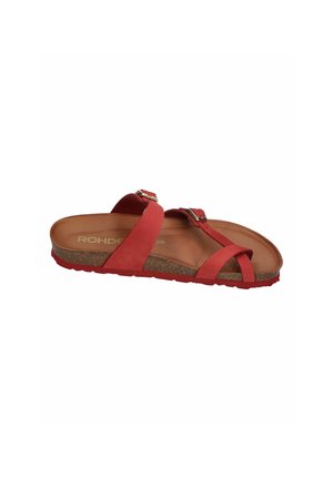 Red open-toe sandal with two adjustable straps over cork sole and cushioned brown footbed, size 38.