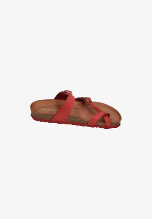 Red open-toe sandal with two adjustable straps over cork sole and cushioned brown footbed, size 38.