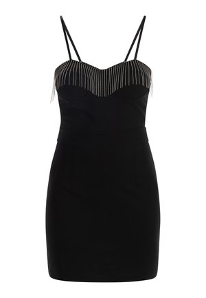 Schwarzes trägerloses Kleid mit taillierter Oberseite, das am Ausschnitt mit silbernem Fransen-Detail verziert ist und zwei dünne Schulterträger hat. Glatte Textur.