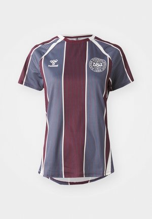 Maroon and blue striped sports jersey with short sleeves. Features a round neck, white accents, and a circular logo on the chest.