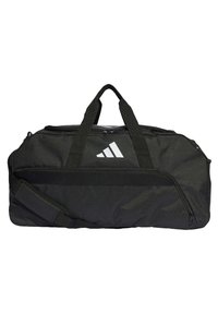 Black duffel bag made of durable fabric, featuring dual handles, a removable shoulder strap, and a white logo on the front.