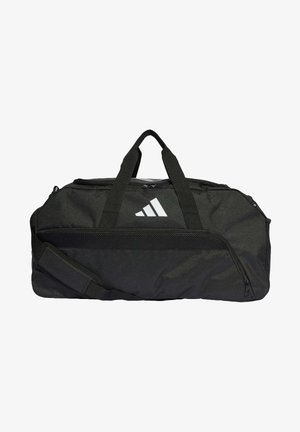 Black duffel bag made of durable fabric, featuring dual handles, a removable shoulder strap, and a white logo on the front.