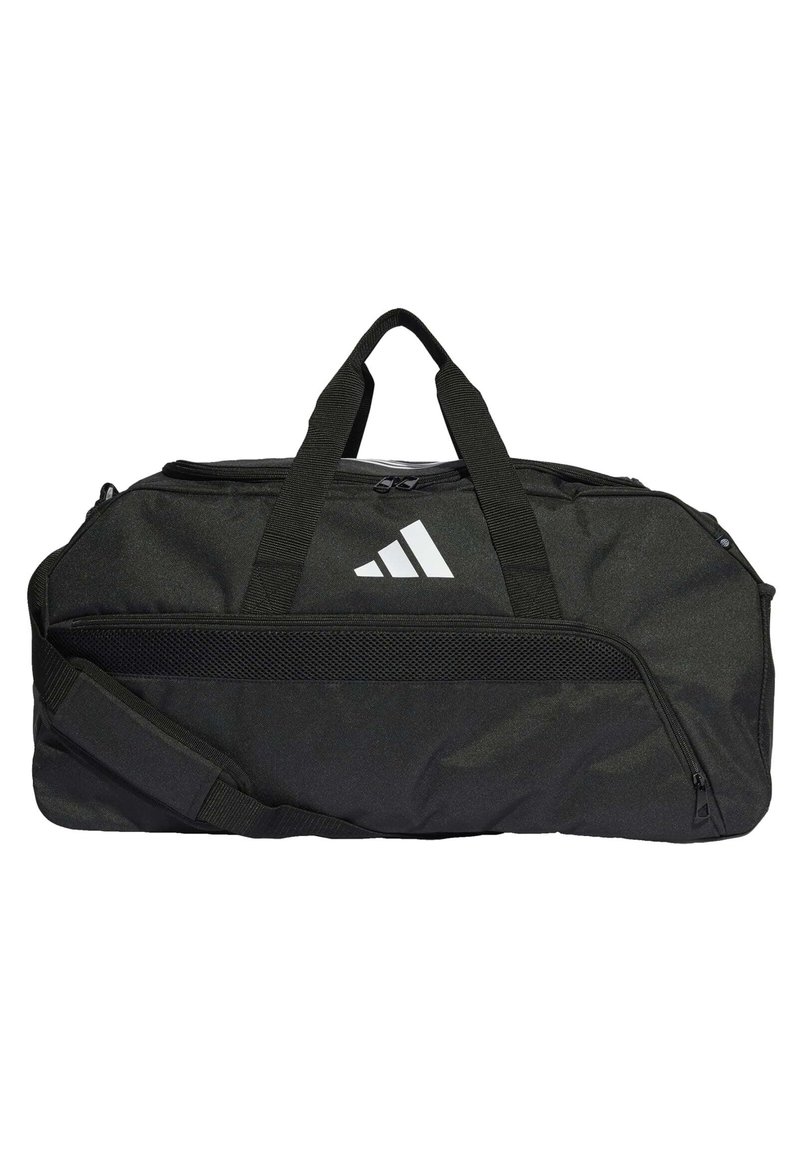 Black duffel bag made of durable fabric, featuring dual handles, a removable shoulder strap, and a white logo on the front.