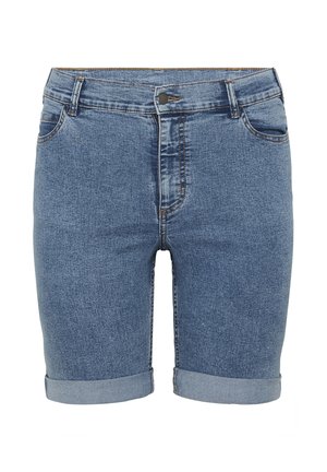 Shorts en denim bleu jusqu'aux genoux avec ourlets retroussés, bouton à l'avant, fermeture éclair, et poches avant et arrière.