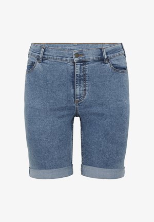 Shorts en denim bleu jusqu'aux genoux avec ourlets retroussés, bouton à l'avant, fermeture éclair, et poches avant et arrière.