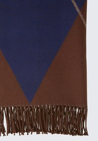 Wollen deken met een geometrisch ontwerp in blauw en bruin, met een franjerand. De textuur lijkt zacht en gezellig.