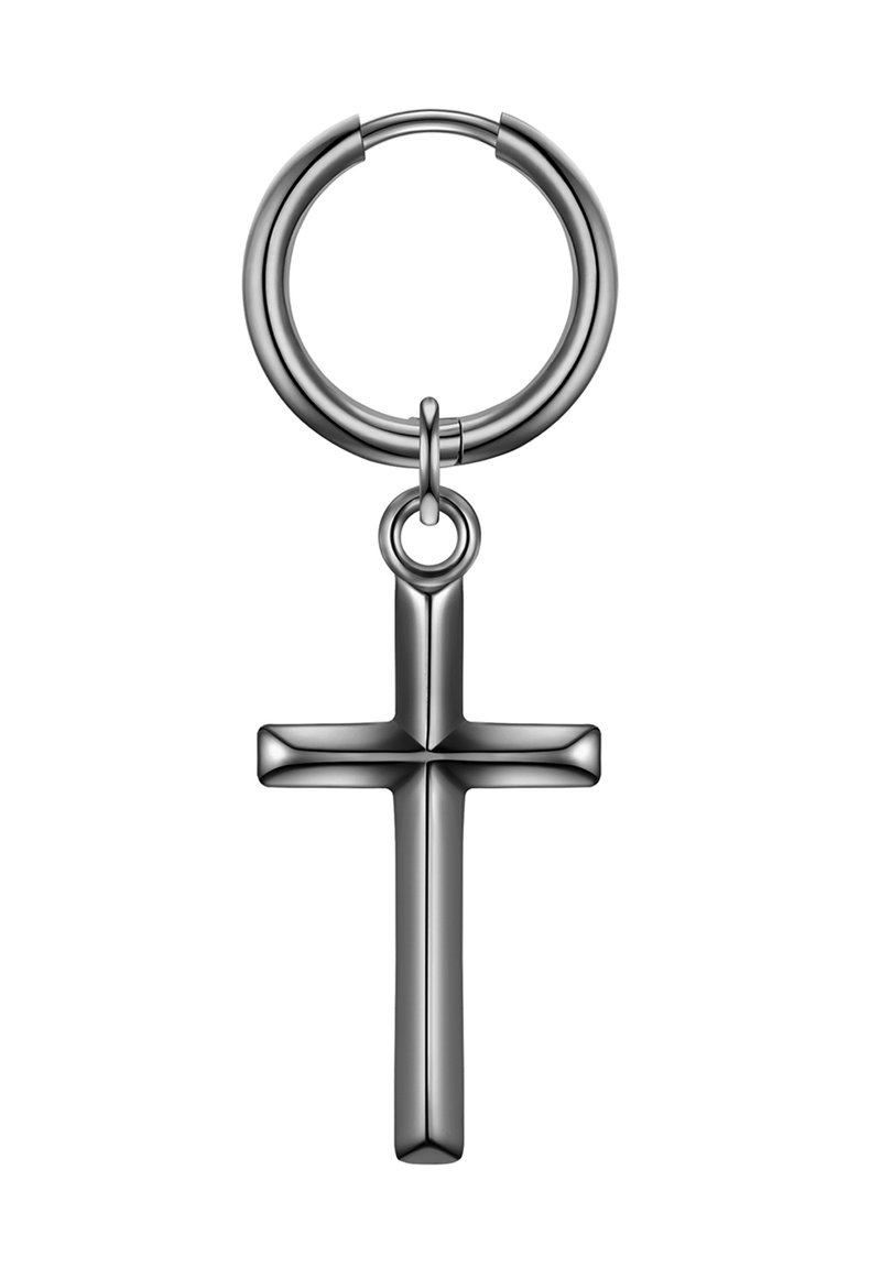 Nekovinske uhane v srebrni barvi, ki imajo vertikalni viseci križ. Križ ima gladko, polirano površino in simetričen dizajn.