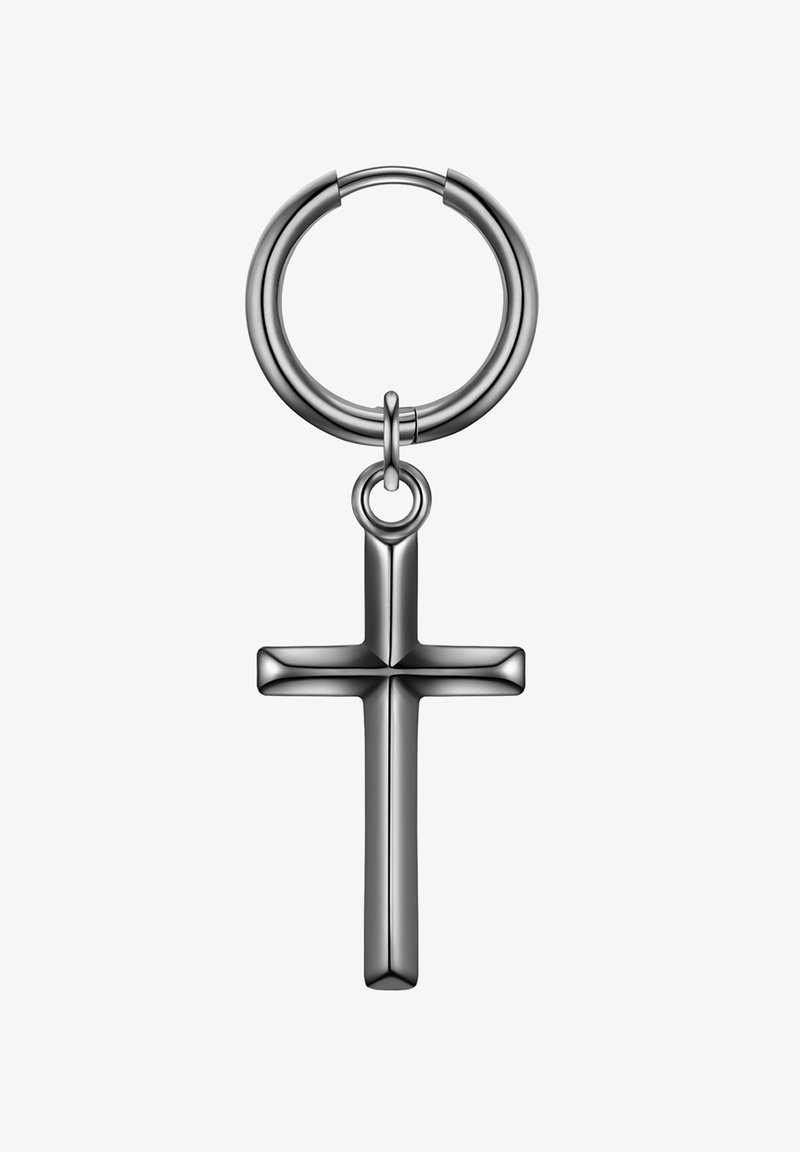 Nekovinske uhane v srebrni barvi, ki imajo vertikalni viseci križ. Križ ima gladko, polirano površino in simetričen dizajn.