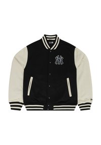 Svart og krem varsity-jakke med ullkropp, lærmansjetter, stripete ribbestrikket krage og frontknapper. Har et brodert logo.