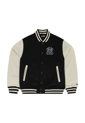 Veste varsity noire et crème avec un corps en laine, des manches en cuir, un col côtelé rayé et des boutons sur le devant. Dotée d'un logo brodé.