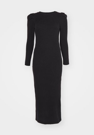 Melna ribota maxi kleita ar garām piedurknēm, apaļu dekoltē un izteiktiem plecu pufiem; izgatavota no elastīga materiāla, lai nodrošinātu pieguļošu siluetu.