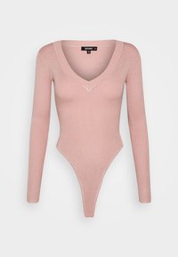 Geribbelde longsleeve bodysuit in lichtroze, met een diepe V-hals en een stringmodel. Glad, elastisch materiaal met een aansluitende pasvorm.