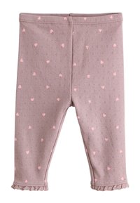 Colanți mov deschis din bumbac moale, cu mici modele roz în formă de inimă, având tiv cu volănașe și un design mulat.