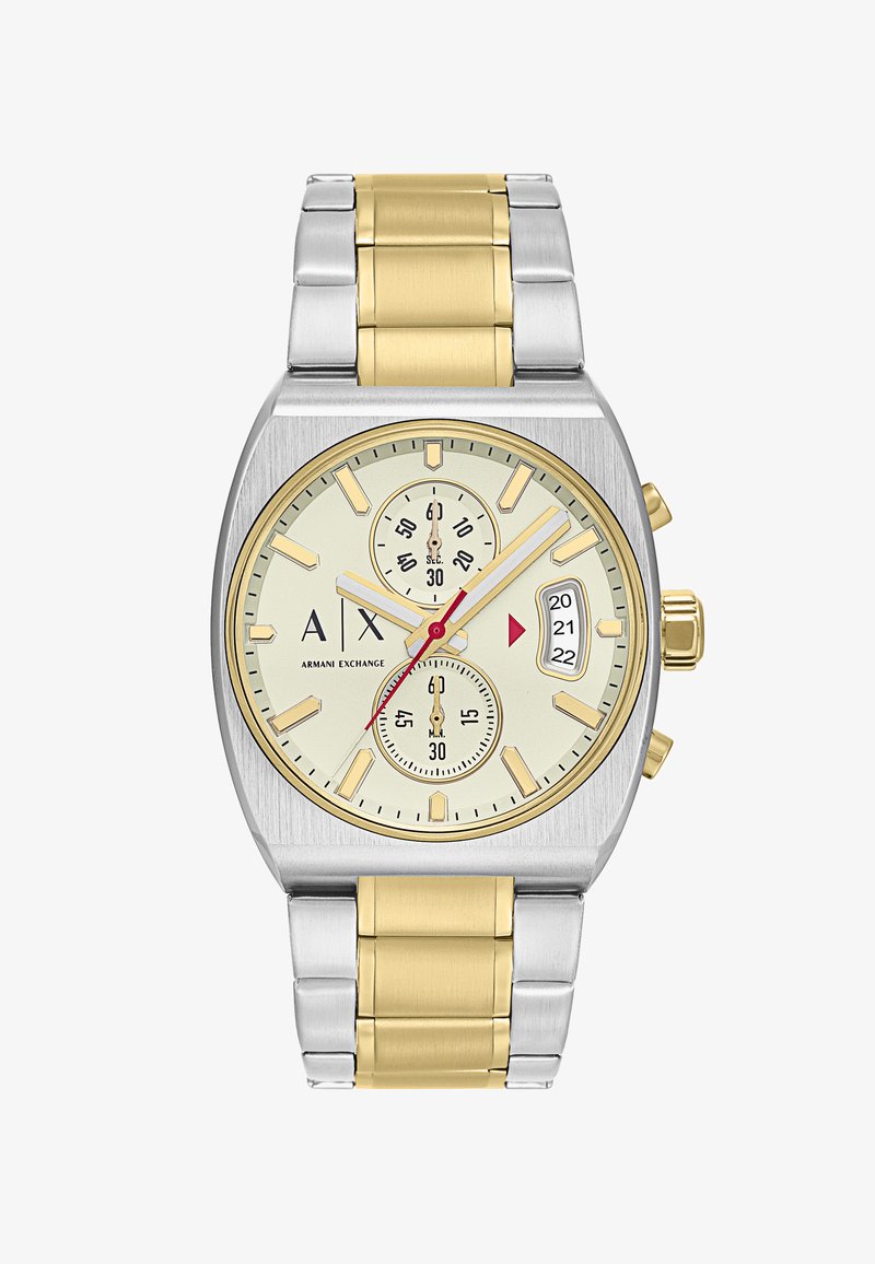 Zweifarbige silberne und goldene Armani Exchange Armbanduhr mit Chronographen-Zifferblättern, Datumsfenster und Metallgliederarmband.