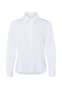 Weißes Langarm-Polohemd mit spitzem Kragen, plissierter Knopfleiste mit fünf Knöpfen und abgerundetem Saum für eine lockere Passform. Weicher, glatter Stoff.