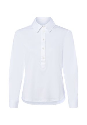 White long-sleeve polo shirt with a pointed collar, five-button placket, and a curved hem for a relaxed fit. Soft, smooth fabric texture.
