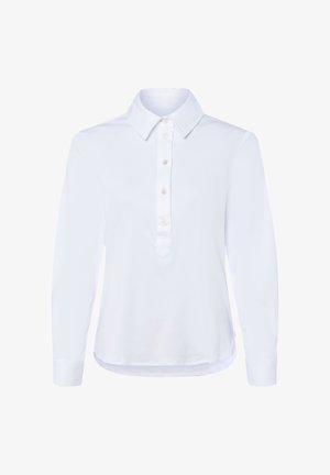 White long-sleeve polo shirt with a pointed collar, five-button placket, and a curved hem for a relaxed fit. Soft, smooth fabric texture.
